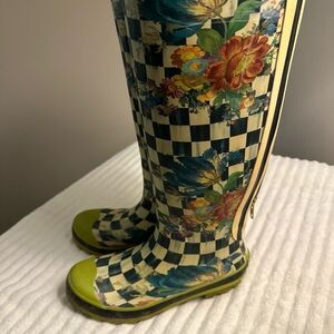 MacKenzie-Childs Checkered Rain Boots with Green Trim
